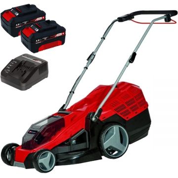 Einhell  GE-CM 36/43 Li M PXC + Twinpack + 4514095 - Masina de tuns iarba 43 cm 63 l + Set 2 acumulatori si incarcator Li-Ion 18 V 4 Ah