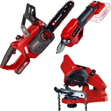 Einhell  GE-LC 18/25-1 Li Kit + GE-LS 18 Li + GC-CS 85 E - Drujba cu 1 acumulator Li-Ion 18 V 3 Ah 25 cm 4.3 m/s + Foarfeca pentru crengi 28 mm + Masina de ascutit lanturi 85 W 108x23x3.2 mm