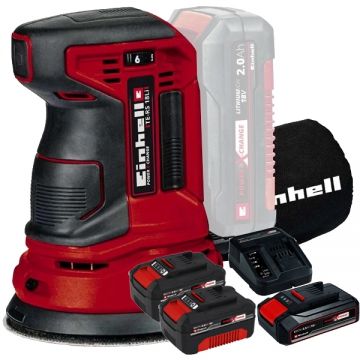 Einhell  TE-RS 18 Li PXC + Starter Kit + Twinpack - Slefuitor cu excentric 125 mm + Set 1 acumulator si incarcator Li-Ion 18 V 2.5 Ah + Set 2 acumulatori Li-Ion 18 V 4 Ah