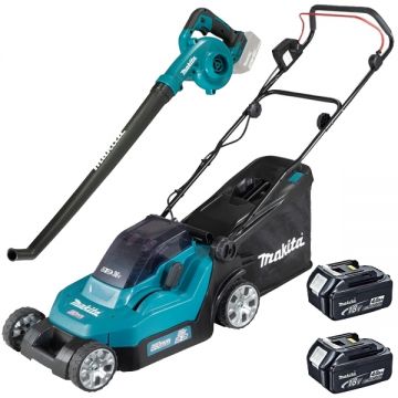 Makita  DLM382CM2 + DUB186Z - Masina de tuns iarba cu 2 acumulatori Li-Ion 18 V 4 Ah 38 cm 40 l + Suflanta de gradina 186 m3/h