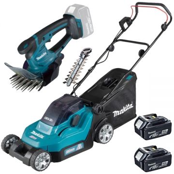 Makita  DLM382CM2 + DUM604ZX - Masina de tuns iarba cu 2 acumulatori Li-Ion 18 V 4 Ah 38 cm 40 l + Masina de tuns gard viu 20 cm accesorii