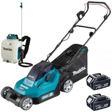Makita  DLM382CM2 + DUS108Z - Masina de tuns iarba cu 2 acumulatori Li-Ion 18 V 4 Ah 38 cm 40 l + Pulverizator 10 l