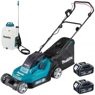 Makita  DLM382CM2 + DUS158Z - Masina de tuns iarba cu 2 acumulatori Li-Ion 18 V 4 Ah 38 cm 40 l + Pulverizator 5 bar 15 l