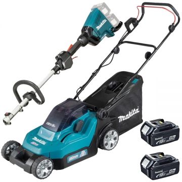 Makita  DLM382CM2 + DUX60Z - Masina de tuns iarba cu 2 acumulatori Li-Ion 18 V 4 Ah 38 cm 40 l + Masina multifunctionala