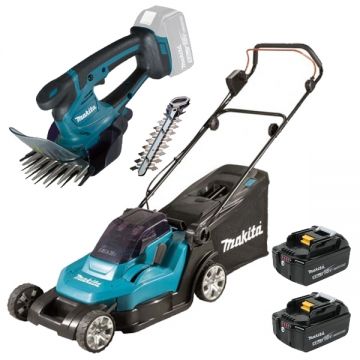 Makita  DLM432CT2 + DUM604ZX - Masina de tuns iarba cu 2 acumulatori Li-Ion 18 V 5 Ah 43 cm 50 l + Masina de tuns gard viu 20 cm accesorii