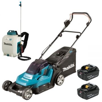 Makita  DLM432CT2 + DUS108Z - Masina de tuns iarba cu 2 acumulatori Li-Ion 18 V 5 Ah 43 cm 50 l + Pulverizator 5 bar 10 l