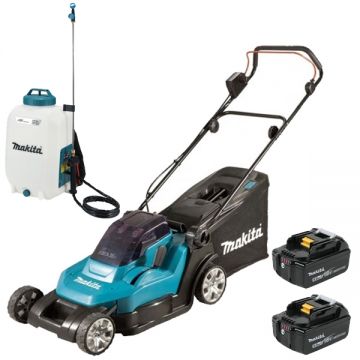 Makita  DLM432CT2 + DUS158Z - Masina de tuns iarba cu 2 acumulatori Li-Ion 18 V 5 Ah 43 cm 50 l + Pulverizator 5 bar 15 l