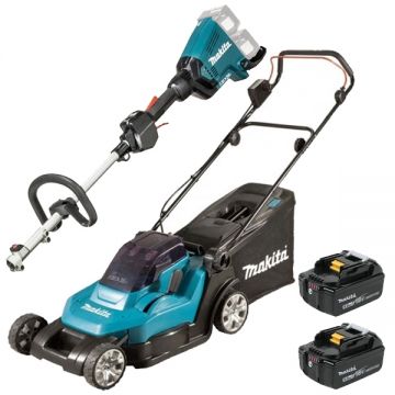 Makita  DLM432CT2 + DUX60Z  - Masina de tuns iarba cu 2 acumulatori Li-Ion 18 V 5 Ah 43 cm 50 l + Masina multifunctionala