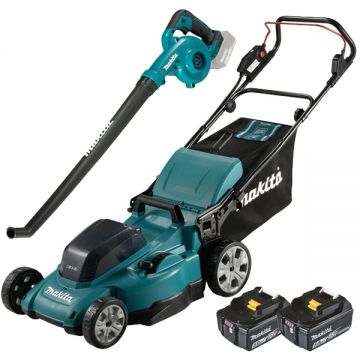 Makita  DLM480CT2 + DUB186Z - Masina de tuns iarba cu 2 acumulatori Li-Ion 18 V 5 Ah 48 cm 62 l + Suflanta de gradina 186 m3/h