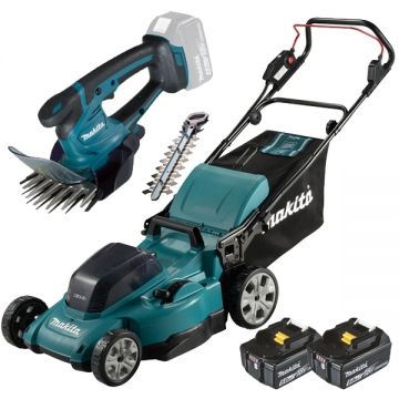 Makita  DLM480CT2 + DUM604ZX - Masina de tuns iarba cu 2 acumulatori Li-Ion 18 V 5 Ah 48 cm 62 l + Masina de tuns gard viu 20 cm accesorii