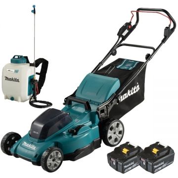 Makita  DLM480CT2 + DUS108Z - Masina de tuns iarba cu 2 acumulatori Li-Ion 18 V 5 Ah 48 cm 62 l + Pulverizator 5 bar 10 l