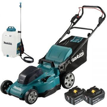Makita  DLM480CT2 + DUS158Z - Masina de tuns iarba cu 2 acumulatori Li-Ion 18 V 5 Ah 48 cm 62 l + Pulverizator 5 bar 15 l