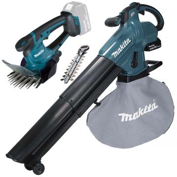 Makita  DUB187T001 + DUM604ZX - Suflanta de gradina cu 1 acumulator Li-Ion 18 V 5 Ah 252 m3/h + Masina de tuns gard viu 20 cm accesorii