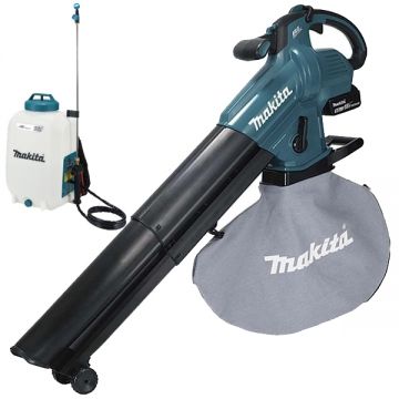 Makita  DUB187T001 + DUS158Z - Suflanta de gradina cu 1 acumulator Li-Ion 18 V 5 Ah 252 m3/h motor fara perii + Pulverizator 5 bar 15 l