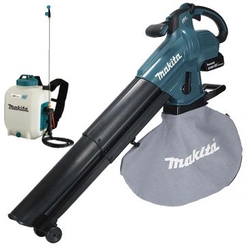 Makita  DUB187T001 - Suflanta de gradina cu 1 acumulator Li-Ion 18 V 5 Ah 252 m3/h + Makita - DUS108Z - Pulverizator 5 bar 10 l