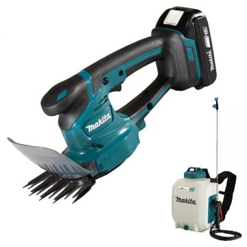 Makita  DUM111SYX + DUS108Z - Masina de tuns gard viu cu 1 acumulator Li-Ion 18 V 1.5 Ah 20 cm + Pulverizator 5 bar 10 l