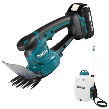 Makita  DUM111SYX + DUS158Z - Masina de tuns gard viu cu 1 acumulator Li-Ion 18 V 1.5 Ah 20 cm + Pulverizator 5 bar 15 l