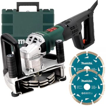 Metabo  MFE 40 + 2 x Makita - D-41595 - Freza pentru caneluri beton 1900 W 125 mm valiza plastic + 2 x Disc diamantat de taiere segmentat 125x22.2x2.2 mm taiere umeda si uscata