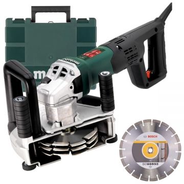 Metabo  MFE 40 + Bosch - ECO for Universal - Freza pentru caneluri beton 1900 W 125 mm valiza plastic + Set discuri diamantate de taiere segmentate 125x22.2x2 mm taiere uscata 10 bucati