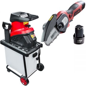 Raider  RD-ESH03 + RD-GP21 SET - Tocator de crengi 2500 W 45 mm monofazat + Mini fierastrau cu 2 acumulatori Li-Ion 12 V 2 Ah 10 cm