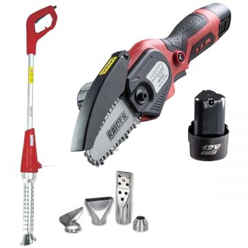 Raider  RD-GP21 SET + RD-HG20 - Mini fierastrau cu 2 acumulatori Li-Ion 12 V 2 Ah 10 cm + Arzator electric de buruieni 2000 W 1.17 m