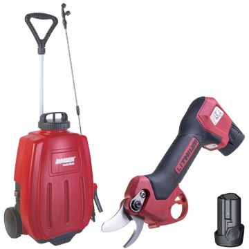 Raider  RD-PSH01 + RD-BKMD04 - Foarfeca de gradina cu 2 acumulatori Li-Ion 12 V 2 Ah 25 mm + Pulverizator cu 1 acumulator 12 V 8 Ah 6.2 bar 16 l