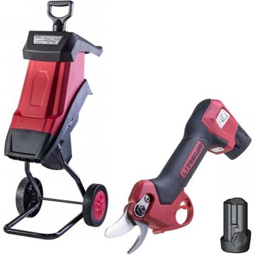 Raider  RD-PSH01 + RD-ESH01 - Foarfeca de gradina cu 2 acumulatori Li-Ion 12 V 2 Ah 25 mm + Tocator de crengi 2400 W 40 mm monofazat