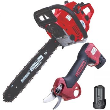 Raider  RD-PSH01 + RD-GCS08 - Foarfeca de gradina cu 2 acumulatori Li-Ion 12 V 2 Ah 25 mm + Drujba cu motor pe benzina 3 CP 45 cm 50.1 cm3