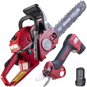 Raider  RD-PSH01 + RD-GCS13 - Foarfeca de gradina cu 2 acumulatori Li-Ion 12 V 2 Ah 25 mm + Drujba cu motor pe benzina 2.4 CP 40 cm 45 cm3