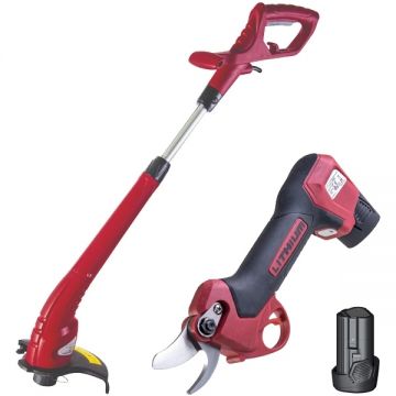 Raider  RD-PSH01 + RD-GT11 - Foarfeca de gradina cu 2 acumulatori Li-Ion 12 V 2 Ah 25 mm + Trimmer gazon 350 W 250 mm cap cu fir
