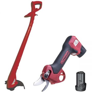 Raider  RD-PSH01 + RD-GT26 - Foarfeca de gradina cu 2 acumulatori Li-Ion 12 V 2 Ah 25 mm + Trimmer gazon 300 W 220 mm cap cu fir