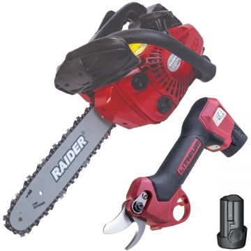 Raider  RD-PSH01 + RDP-GCS18 - Foarfeca de gradina cu 2 acumulatori Li-Ion 12 V 2 Ah 25 mm + Drujba cu motor pe benzina 1.2 CP 30.5 cm 25.4 cm3