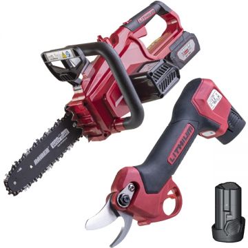 Raider  RD-PSH01 + RDP-SCS20 Set - Foarfeca de gradina cu 2 acumulatori Li-Ion 12 V 2 Ah 25 mm + Drujba cu 1 acumulator Li-Ion 20 V 3 Ah 25 cm 5.6 m/s