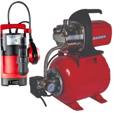 Raider  RD-WP1200J + RD-WP46 - Hidrofor 1200 W 7 m 24 l 64 l/min carcasa fonta monofazat + Pompa submersibila de drenaj apa murdara 400 W 5 m 125 l/min carcasa plastic flotor monofazata