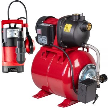 Raider  RD-WP800Z + RD-WP46 - Hidrofor 800 W - m - l 53 l/min carcasa fonta monofazat + Pompa submersibila de drenaj apa murdara 400 W 5 m 125 l/min carcasa plastic flotor monofazata