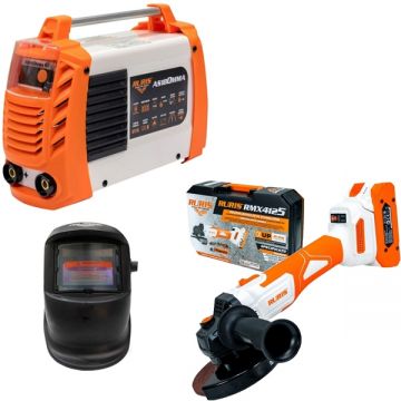 Ruris  AS180MMA + RMX4125 - Invertor sudura MMA 180 A 2.5-4 mm + Polizor unghiular cu 1 acumulator Li-Ion 20 V 2 Ah 125 mm valiza plastic