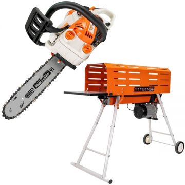 Ruris  DL700 + RM300 - Despicator busteni 2200 W 50-250 mm orizontal + Drujba cu motor pe benzina 1.5 CP 30 cm 28.5 cm3