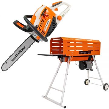 Ruris  DL700 + RM500 - Despicator busteni 2200 W 50-250 mm orizontal + Drujba cu motor pe benzina 3.3 CP 45 cm 50.9 cm3