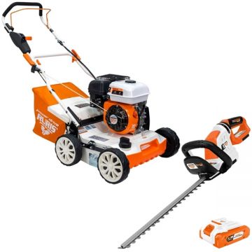 Ruris  RXH999 + 4024e - Scarificator cu motor pe benzina 4 timpi 5.3 CP 40 cm + Masina de tuns gard viu cu 1 acumulator Li-Ion 20 V 4 Ah 45 cm