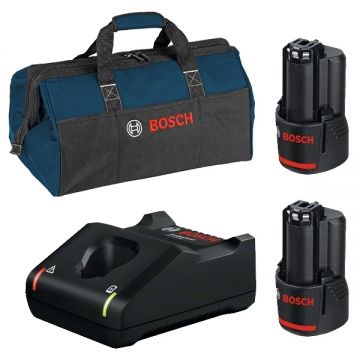 Bosch  1600A019R8 + 1619BZ0100 - Set 2 acumulatori si incarcator Li-Ion 12 V 2 Ah + Geanta textila