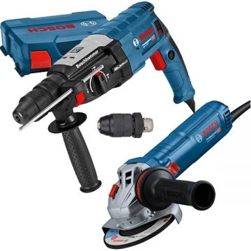 Bosch  GBH 2-28 F + GWS 12-125 S - Rotopercutor SDS-Plus 880 W 3.2 J mandrina interschimbabila valiza plastic + Polizor unghiular cu fir 1200 W 125 mm