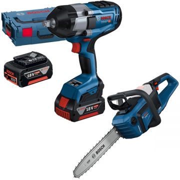 Bosch  GDS 18V-1000 + GKE 18V-40 - Masina de insurubat cu impact cu 2 acumulatori Li-Ion 18 V 5 Ah patrat 1/2 inch 1000 Nm M14-M24 valiza speciala + Drujba 40 cm 12.4 m/s