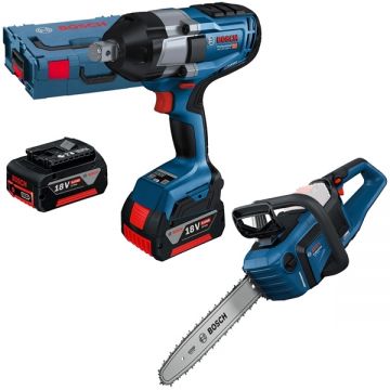 Bosch  GDS 18V-1050 H + GKE 18V-40 - Masina de insurubat cu impact cu 2 acumulatori Li-Ion 18 V 5 Ah patrat 3/4 inch 1050 Nm M10-M24 valiza speciala + Drujba 40 cm 12.4 m/s
