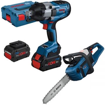 Bosch  GDS 18V-1050 H + GKE 18V-40 - Masina de insurubat cu impact cu 2 acumulatori Li-Ion 18 V 8 Ah patrat 3/4 inch 1050 Nm M10-M24 valiza speciala + Drujba 40 cm 12.4 m/s
