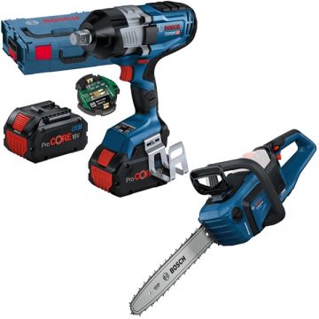 Bosch  GDS 18V-1600 HC + GKE 18V-40 - Masina de insurubat cu impact cu 2 acumulatori Li-Ion 18 V 8 Ah patrat 3/4 inch 1600 Nm valiza speciala accesorii + Drujba 40 cm 12.4 m/s