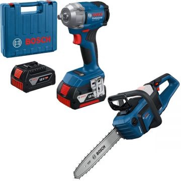 Bosch  GDS 18V-350 + GKE 18V-40 - Masina de insurubat cu impact cu 2 acumulatori Li-Ion 18 V 4 Ah patrat 1/2 inch 350 Nm M10-M18 valiza plastic + Drujba 40 cm 12.4 m/s