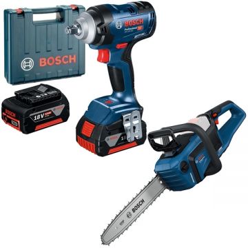 Bosch  GDS 18V-400 + GKE 18V-40 - Masina de insurubat cu impact cu 2 acumulatori Li-Ion 18 V 5 Ah patrat 1/2 inch 400 Nm M10-M20 valiza plastic + Drujba 40 cm 12.4 m/s