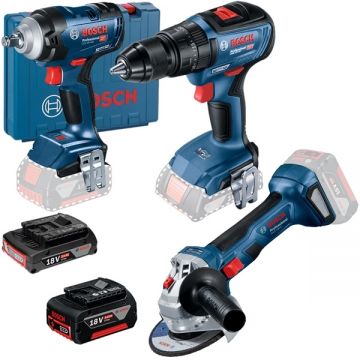 Bosch  GDS 18V-400 + GSB 18V-50 + GWS 180-LI - Masina de insurubat cu impact 400 Nm M10-M20 valiza plastic + Masina de gaurit si insurubat cu percutie 50 Nm + Polizor unghiular 125 mm + Acumulator Li-Ion 18 V 2 Ah + Acumulator Li-Ion 18 V 5 Ah + Incarcat