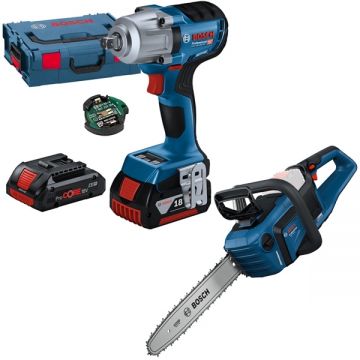 Bosch  GDS 18V-450 PC + GKE 18V-40 - Masina de insurubat cu impact cu 2 acumulatori Li-Ion 18 V 4 Ah patrat 1/2 inch 450 Nm M10-M20 valiza speciala accesorii + Drujba 40 cm 12.4 m/s