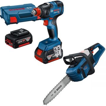 Bosch  GDX 18V-200 + GKE 18V-40 - Masina de insurubat cu impact cu 2 acumulatori Li-Ion 18 V 4 Ah 200 Nm M6-M16 motor fara perii valiza speciala + Drujba 40 cm 12.4 m/s